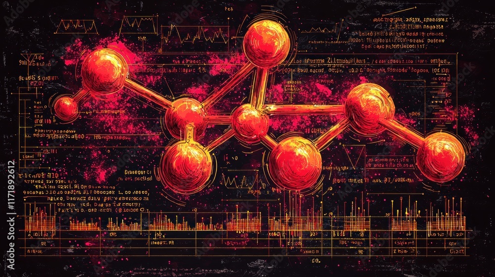 Aufkleber abstract molecular structure with data overlay: a glowing red and orange artistic representation of 