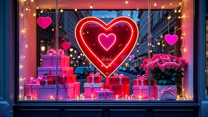 Fototapeta premium A chic storefront window decorated for Valentine’s Day exudes romance and urban charm. The centerpiece is a large, glowing neon heart in vibrant red and pink, casting a warm glow on the display