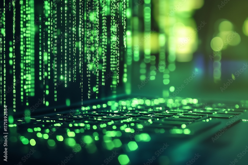 Poster Digital Binary Code Flowing Across Laptop Depicting Concepts of Cybersecurity Data and Networking : Generative AI