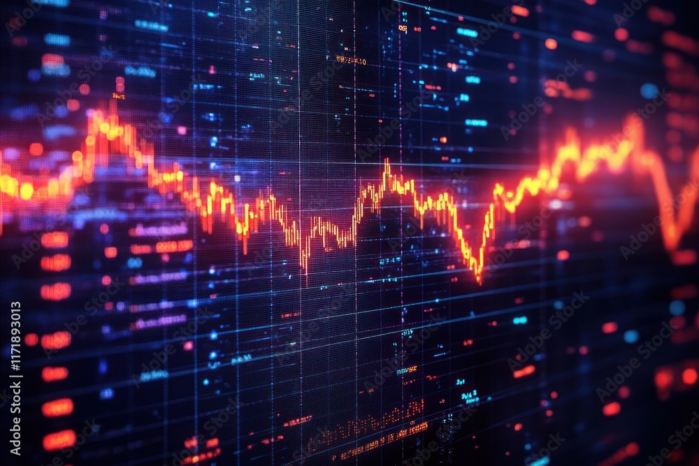 Poster futuristic stock market trends data visualization with neon colors and dynamic growth
