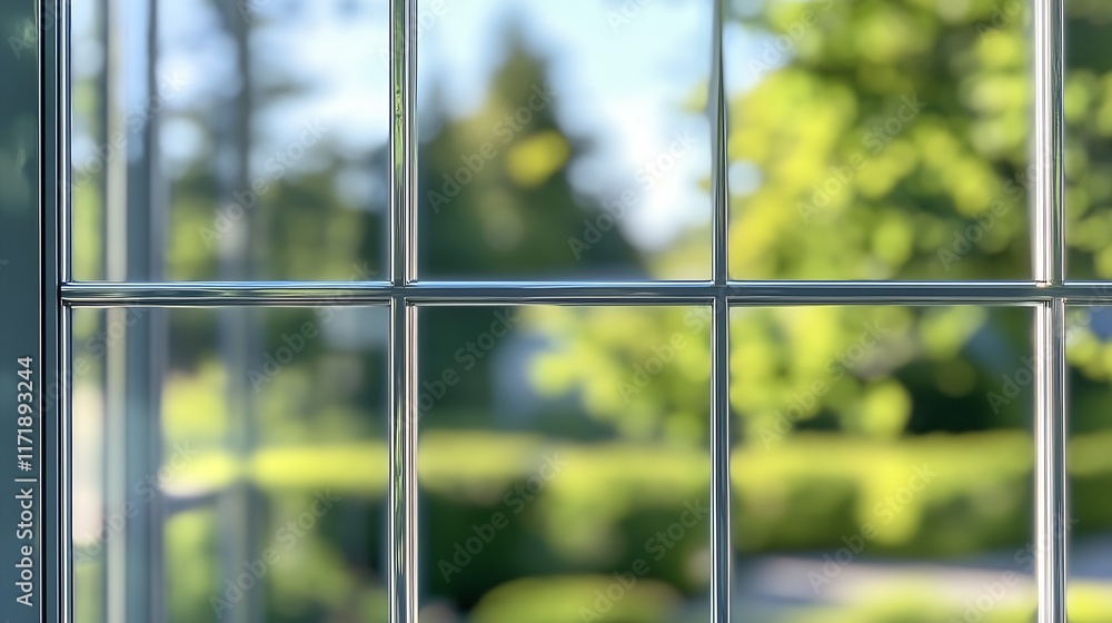 Poster Sunlit Greenery Viewed Through Modern Window Design in a Peaceful Outdoor Setting : Generative AI