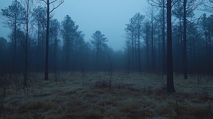 Obraz premium Misty pine forest at dawn, frost on ground.