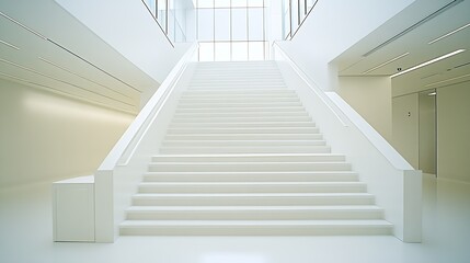 Fototapeta premium Minimalist Office Setting Featuring Large White Staircase with Abundant Natural Lighting : Generative AI