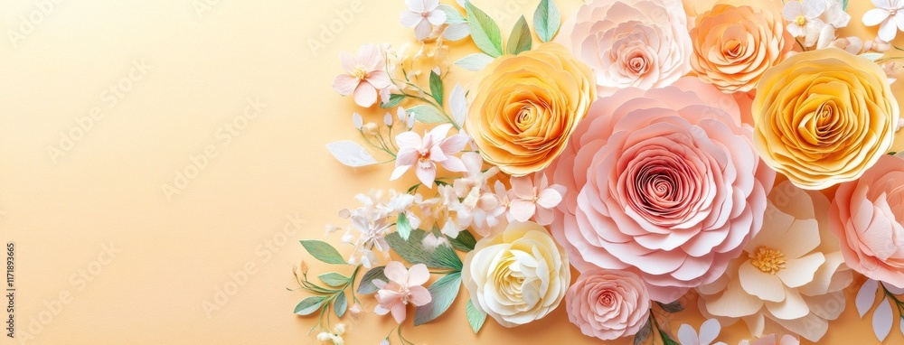 Poster paper-cut spring flowers designed with space for copy. creative spring background with mockup space 