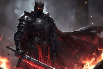 Mighty Black Knight with Blood-Red Sword in Fiery Shadows - Dark Fantasy Warrior Concept