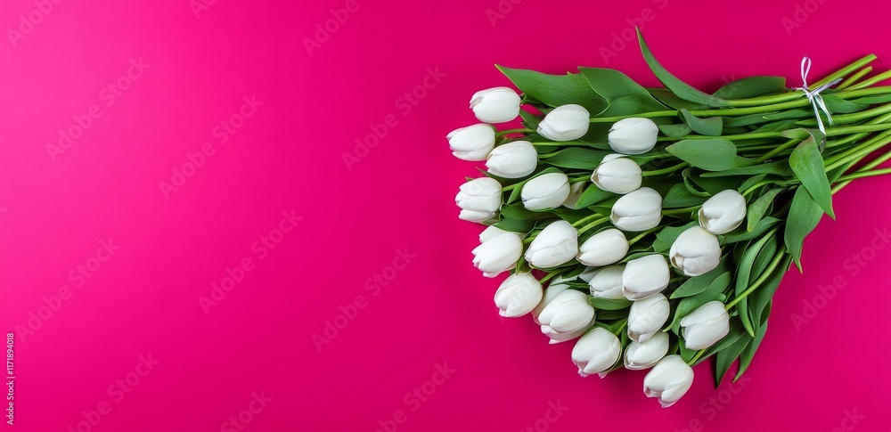 Aufkleber spring tulip flowers displayed in a flat lay style on a pink background from a top-down angle, ideal
