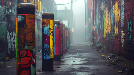 Mysterious Graffiti-Painted Posts in a Mist-Covered Area