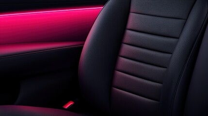 A close-up of a sleek car seat featuring textured black leather and ambient pink lighting, creating a modern and stylish automotive interior.