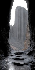 Dark cave opening reveals stone steps leading to a towering rock formation under a bright sky.