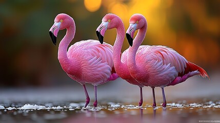 Naklejka premium Three pink flamingos standing in shallow water at sunset.