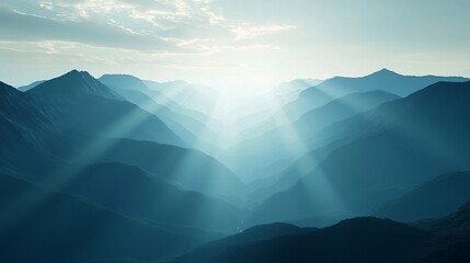 Fototapeta premium Sun rays illuminating a majestic mountain range at dawn.