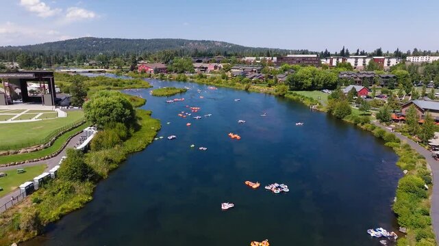 Adventurous Waters: Aerial Drone Shot of the Deschutes River with River Rafting in Bend, Oregon