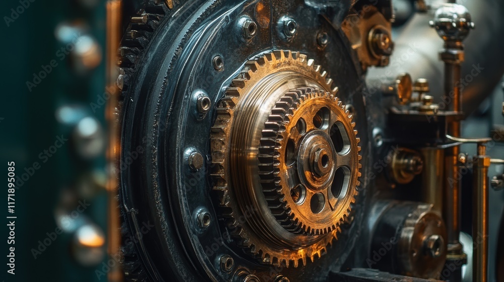 Poster metallic gears interlocking and rotating within intricate machinery highlight the fascinating world 