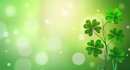 Digital wallpaper featuring shamrocks. Green background with soft bokeh. Good for St Patricks Day. Shamrock design is digitally generated. Happy holiday image. Luck and celebration theme.