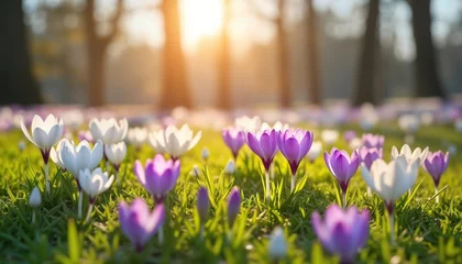 Papier peint photo Beautiful spring flowers crocuses in various shades of purple, white bloom in sunny meadow. Sunlight highlights blossoms in gentle landscape setting. Springtime freshness fills scene. Perfect for