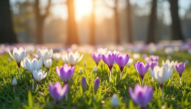 Beautiful spring flowers crocuses in various shades of purple, white bloom in sunny meadow. Sunlight highlights blossoms in gentle landscape setting. Springtime freshness fills scene. Perfect for - Powered by Adobe