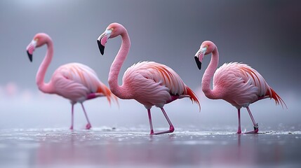 Obraz premium Three pink flamingos wading in shallow water, misty background. (1)
