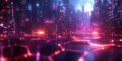 Naklejka premium Futuristic Digital Landscape with Hexagonal Shapes and Neon Lights