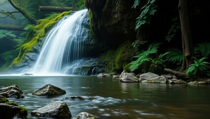 Serene Waterfall Cascading Through Lush Green Forest