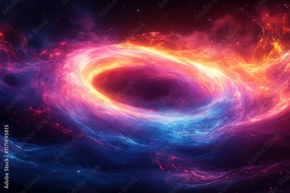 Poster luminous circular wave pattern in neon blue and pink on dark background with dynamic energy flow