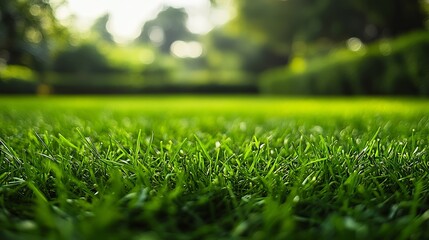 Naklejka premium Vibrant Green Grass Field with Blurred Bokeh Effect in Spring or Summer Landscape, Nature Serenity and Beauty Outdoors