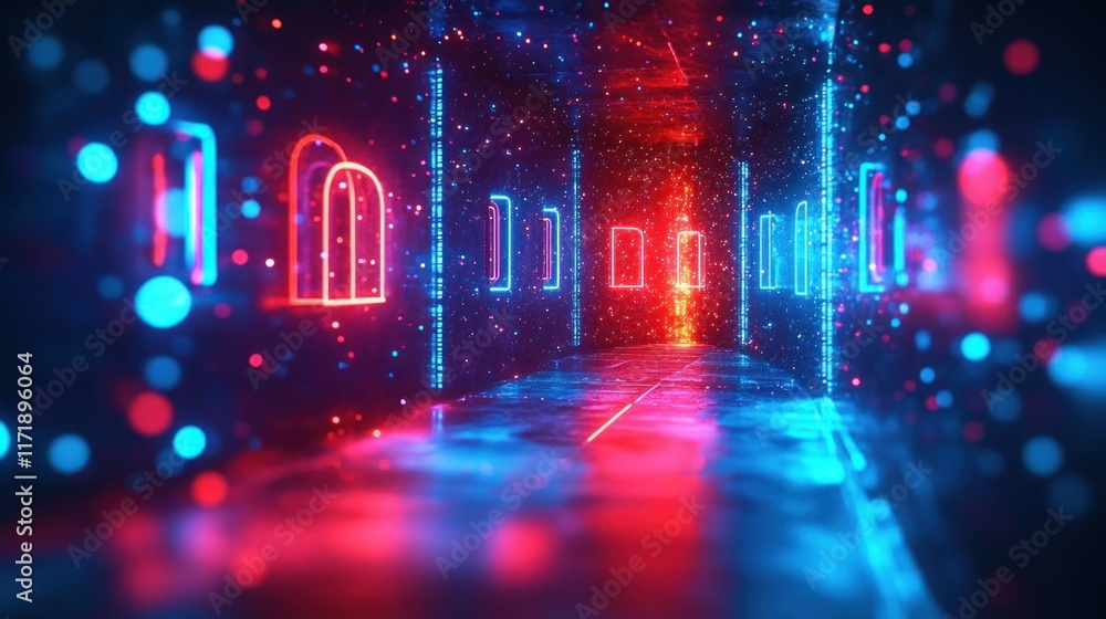 Poster glowing digital padlock in cyberpunk style abstract background with neon lights for cybersecurity co