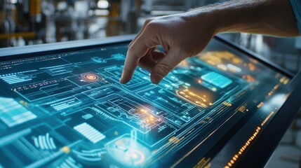 In a modern factory setting, an engineer uses a futuristic touchscreen interface to monitor and control the production process, navigating through complex schematics and data visualizations