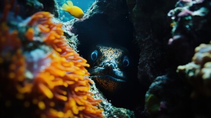 Obraz premium A close-up view of a fish peeking out from a coral reef, surrounded by vibrant marine life.