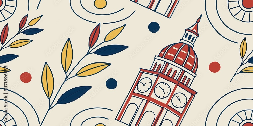 Poster whimsical architectural and floral pattern with clock tower motif