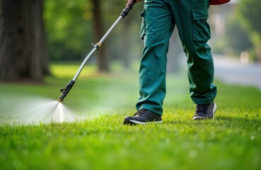 Gardener sprays pesticide on lawn. Man in green uniform works outdoors. Pest control service. Close-up photo shows pesticide spray equipment. Lawn care essential. Eco-friendly care for plants. Green