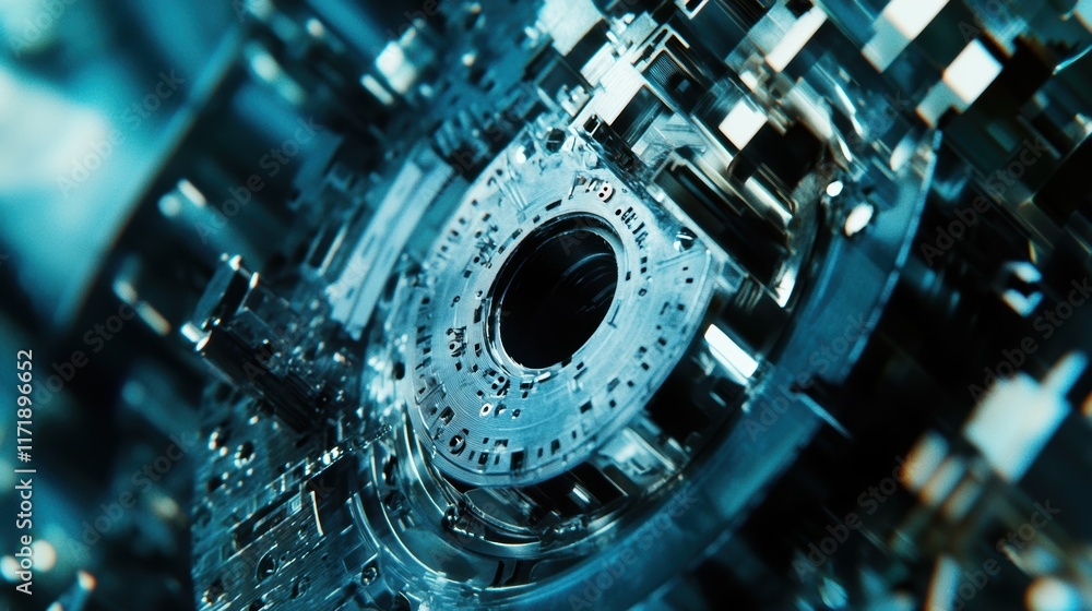 Poster intricate metallic components of an industrial machine part rotate within a larger assembly, bathed 