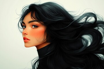 Fototapeta premium Portrait of a Happy Young Asian Woman with Long Black Hair in Minimalist Style