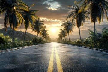 Tropical sunset road, palm trees, travel, vacation