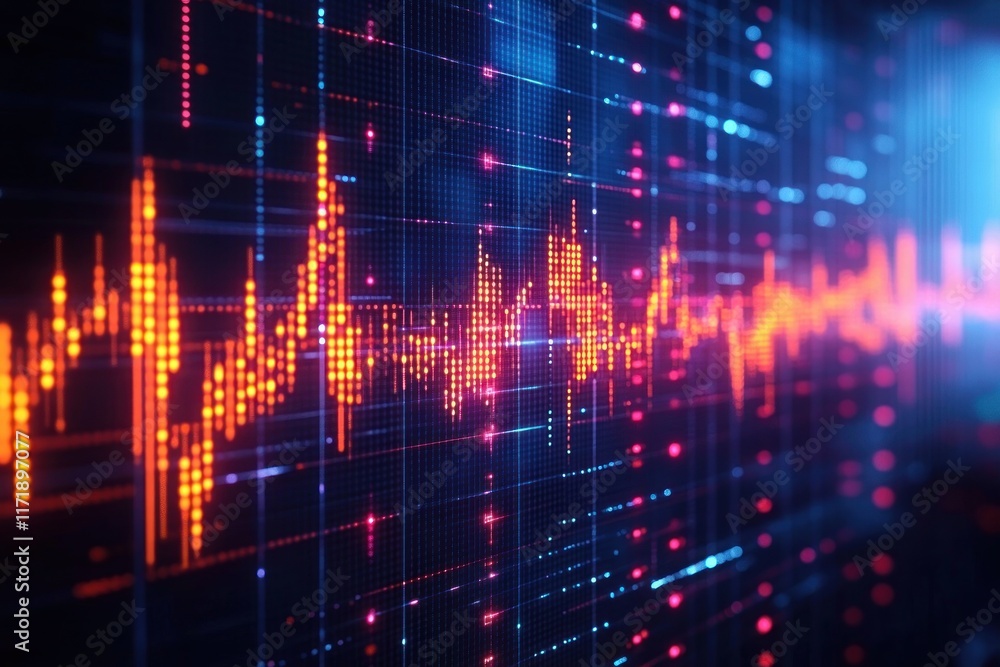 Poster Futuristic Stock Market Data Visualization with Neon Colors and Glowing Lines in Digital Art Style