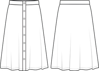 Women's Button Front, Midi Skirt- Technical fashion illustration. Front and back, white color. Women's CAD mock-up.