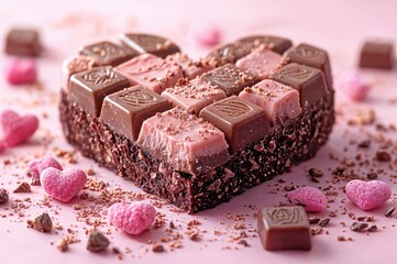 A beautifully crafted heart-shaped chocolate dessert, showcasing alternating layers of pink and...