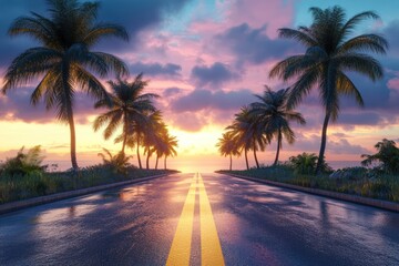 Tropical Sunset Road Palms, ocean, wet asphalt, vibrant sky, travel poster
