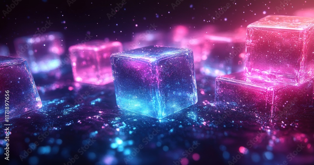 Poster futuristic abstract design with translucent cubes and soft lighting on black background
