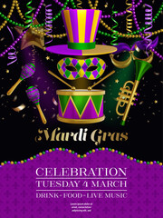 mardi gras poster with mask, musical instruments, party balloons and streamers. mardi gras party poster © Angelica