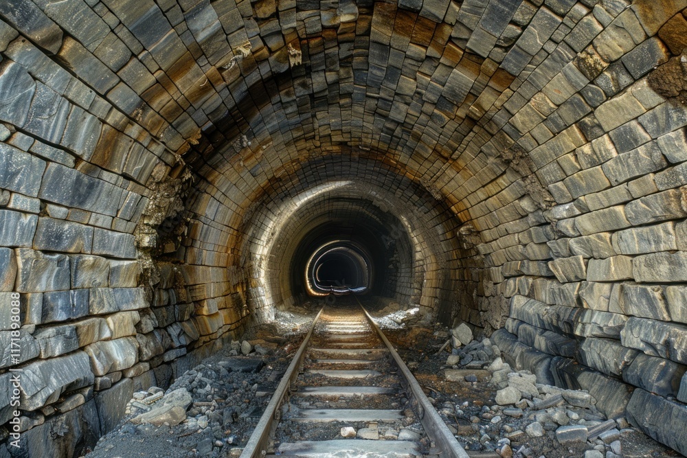Poster abandoned mine tunnel featuring old rail tracks leading into a dark and unknown abyss, creating a my
