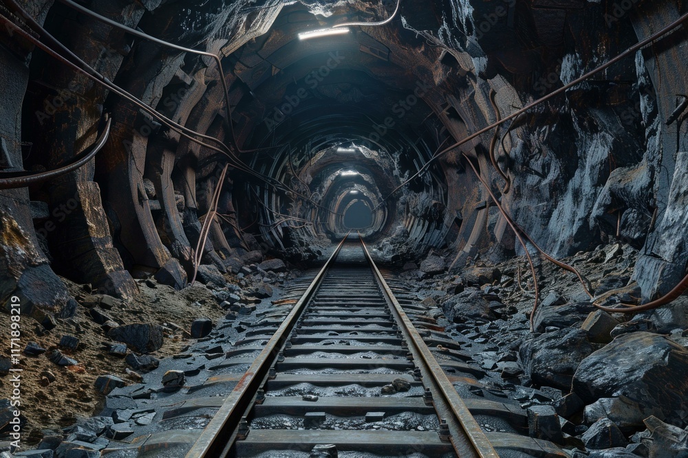 Poster perspective view of rusty rails disappearing into dark underground mine tunnel with light at end