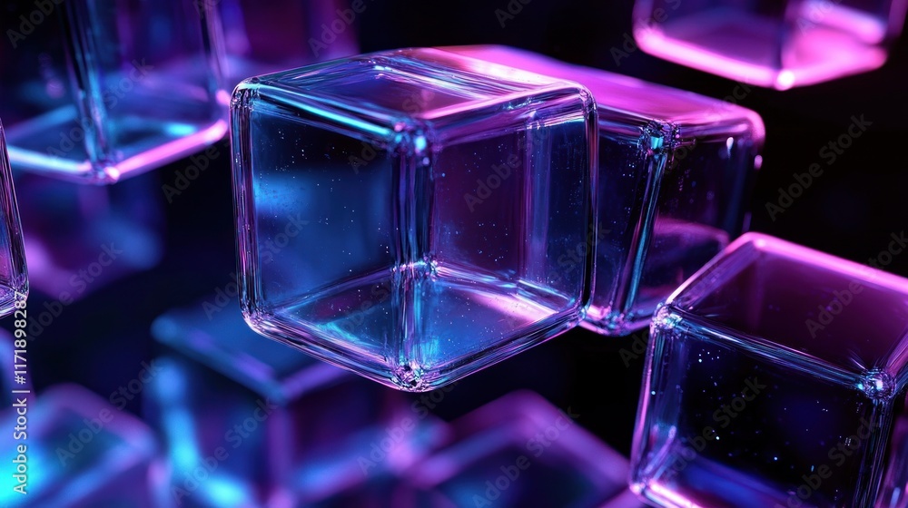 Poster futuristic abstract composition with transparent floating cubes illuminated by neon lights