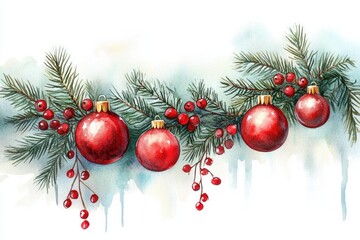 Christmas Watercolor Ornaments and Pine Branches with Lush Greenery on White Background
