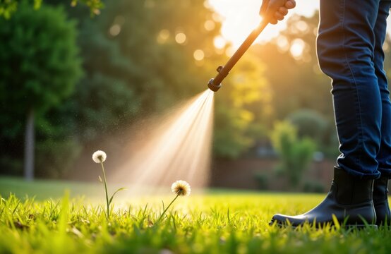 Person sprays weeds in garden lawn. Sunlight highlights spray action. Dandelion treated. Gardening care, maintenance. Outdoor home care. Weed removal process. Focus on weed control, eco-friendly