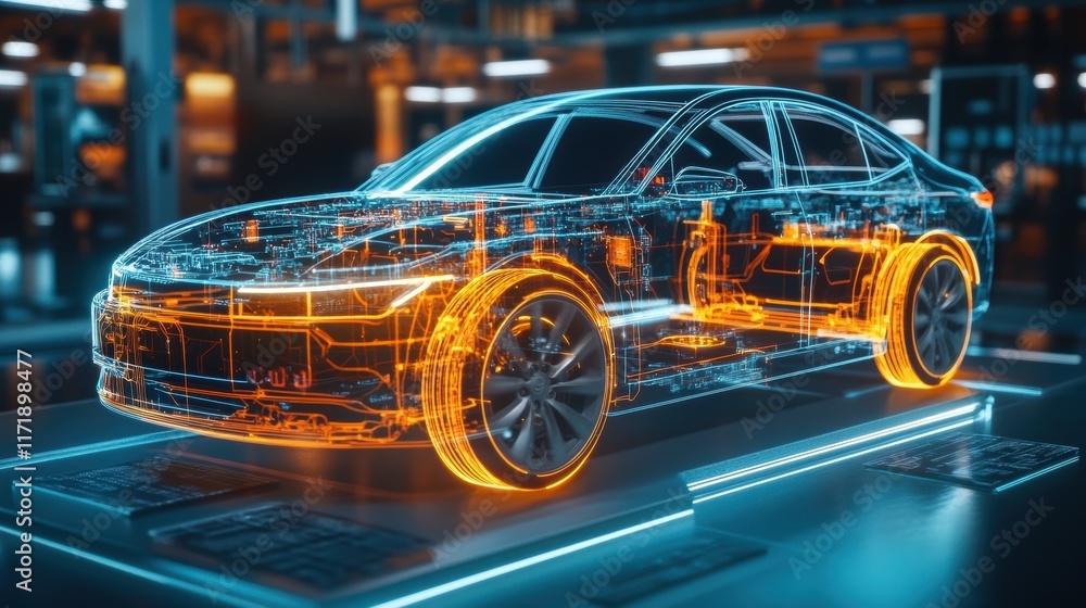 Aufkleber holographic projection of a modern car showcasing its internal structure and components, highlightin