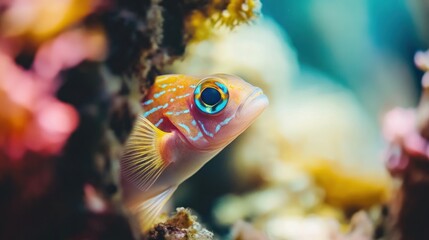 A colorful fish peeking from coral in a vibrant underwater scene.