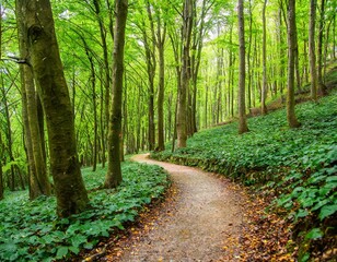 Obraz premium A Winding Path through a Forest of Fresh Green Leaves