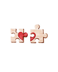 two puzzle pieces, one with a red heart cutout and the other with a matching heart shape. design represents love