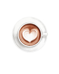watercolor illustration of a cup of coffee with latte art in the shape of a heart, served in a white ceramic cup and saucer