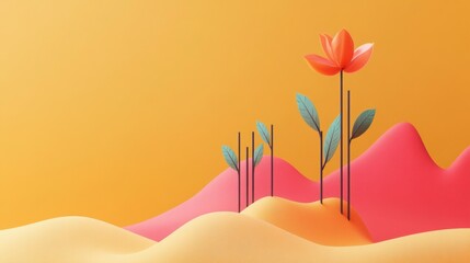 Minimalist Orange & Pink Landscape with Abstract Flower